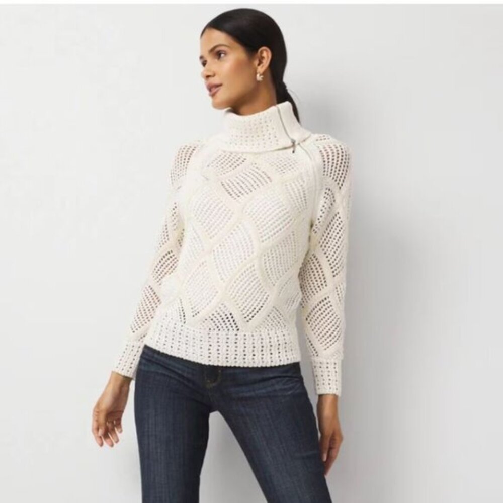 Zip Neck Ecru Sequin Knit Sweater Size Small